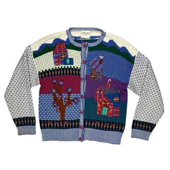 Susan Bristol 1991 Ugly Cardigan Sweater Women L Blue Red with Applique Vintage - Picture 1 of 16